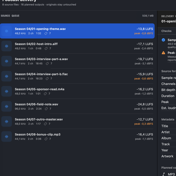AudioBatch source queue containing eight audio masters