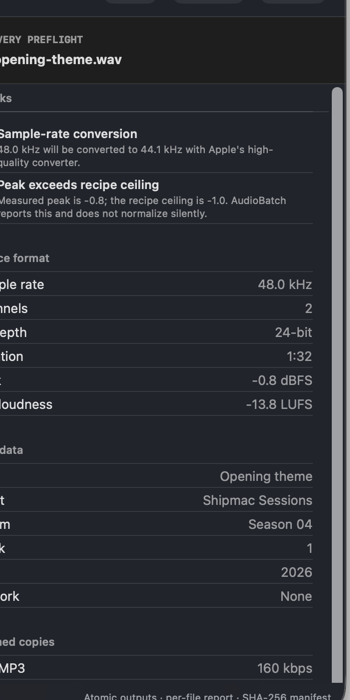 AudioBatch preflight panel with sample-rate, peak and metadata checks