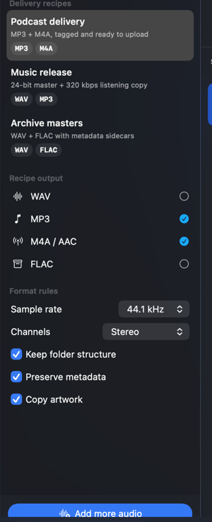 AudioBatch delivery recipes and output format controls